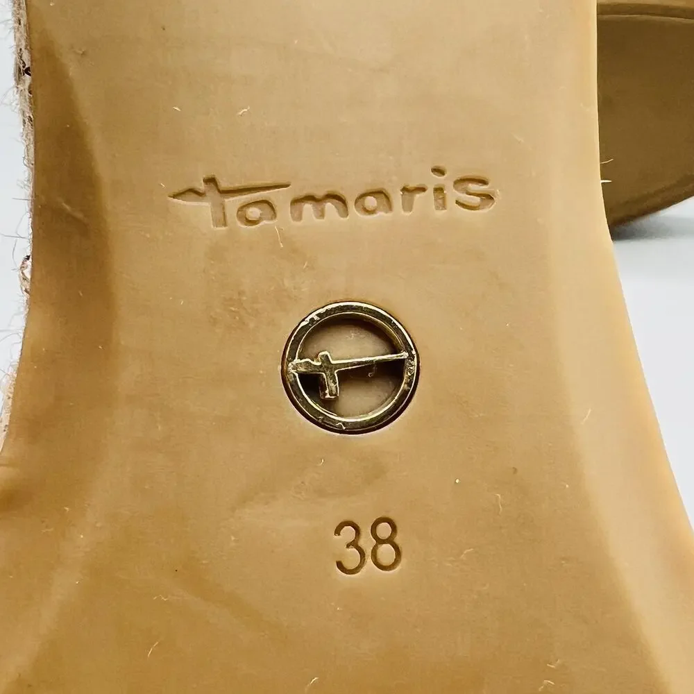 Tamaris Sandals Womens 7 Black Leather Espadrille Wedge Ankle Strap Casual Shoes